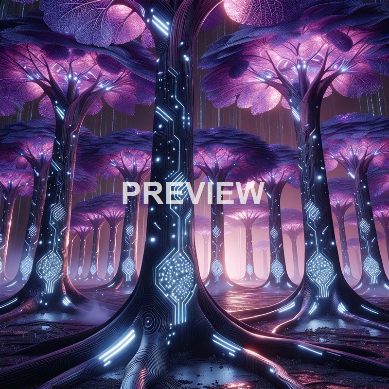 The image depicts a futuristic, glowing forest with tall trees that have circuit-like patterns and bright LED lights on their trunks and leaves, all illuminated in shades of purple and pink with a misty ground.